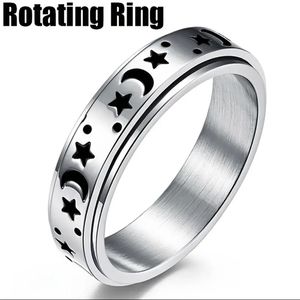 Casual Moon Star Sun Stainless Steel Rotating Fidget Band Ring, Sz 11